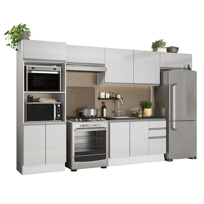 Armário de Cozinha Completa 100% MDF 350cm Frentes Branco Brilho Acordes Madesa 01