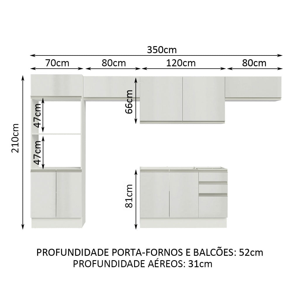 Armário de Cozinha Completa 100% MDF 350cm Frentes Branco Brilho Acordes Madesa 01