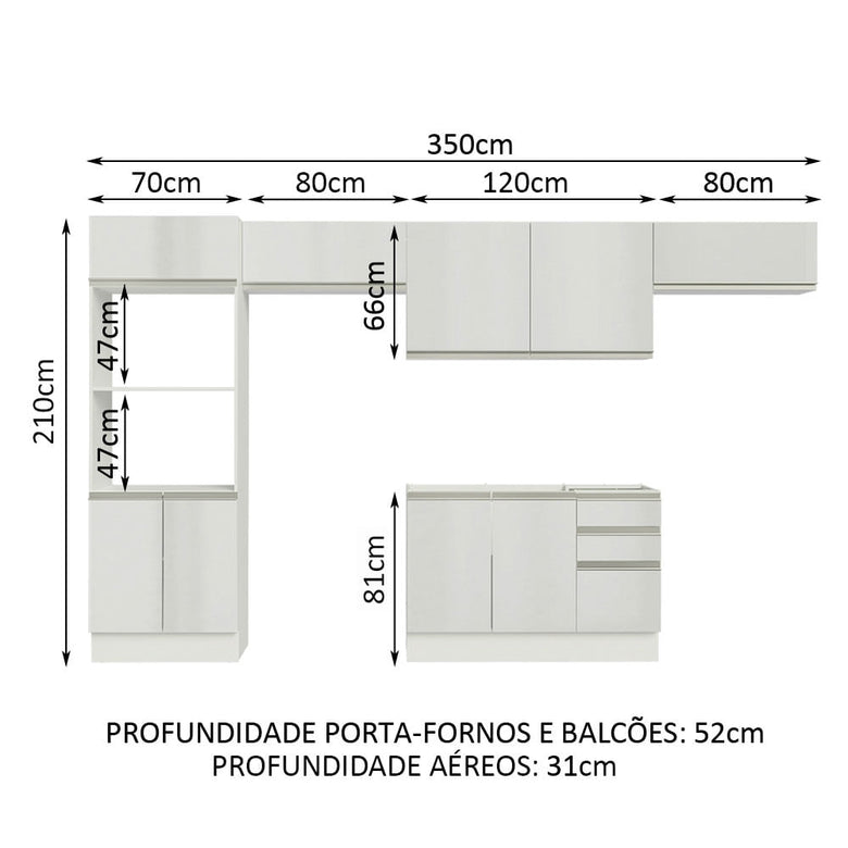 Armário de Cozinha Completa 100% MDF 350cm Frentes Branco Brilho Acordes Madesa 01
