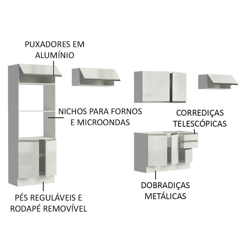 Armário de Cozinha Completa 100% MDF 350cm Frentes Branco Brilho Acordes Madesa 01