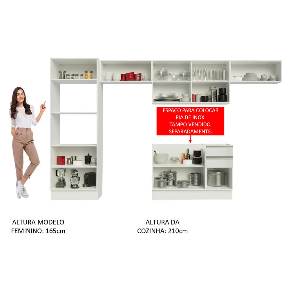 Armário de Cozinha Completa 100% MDF 350cm Frentes Branco Brilho Acordes Madesa 01