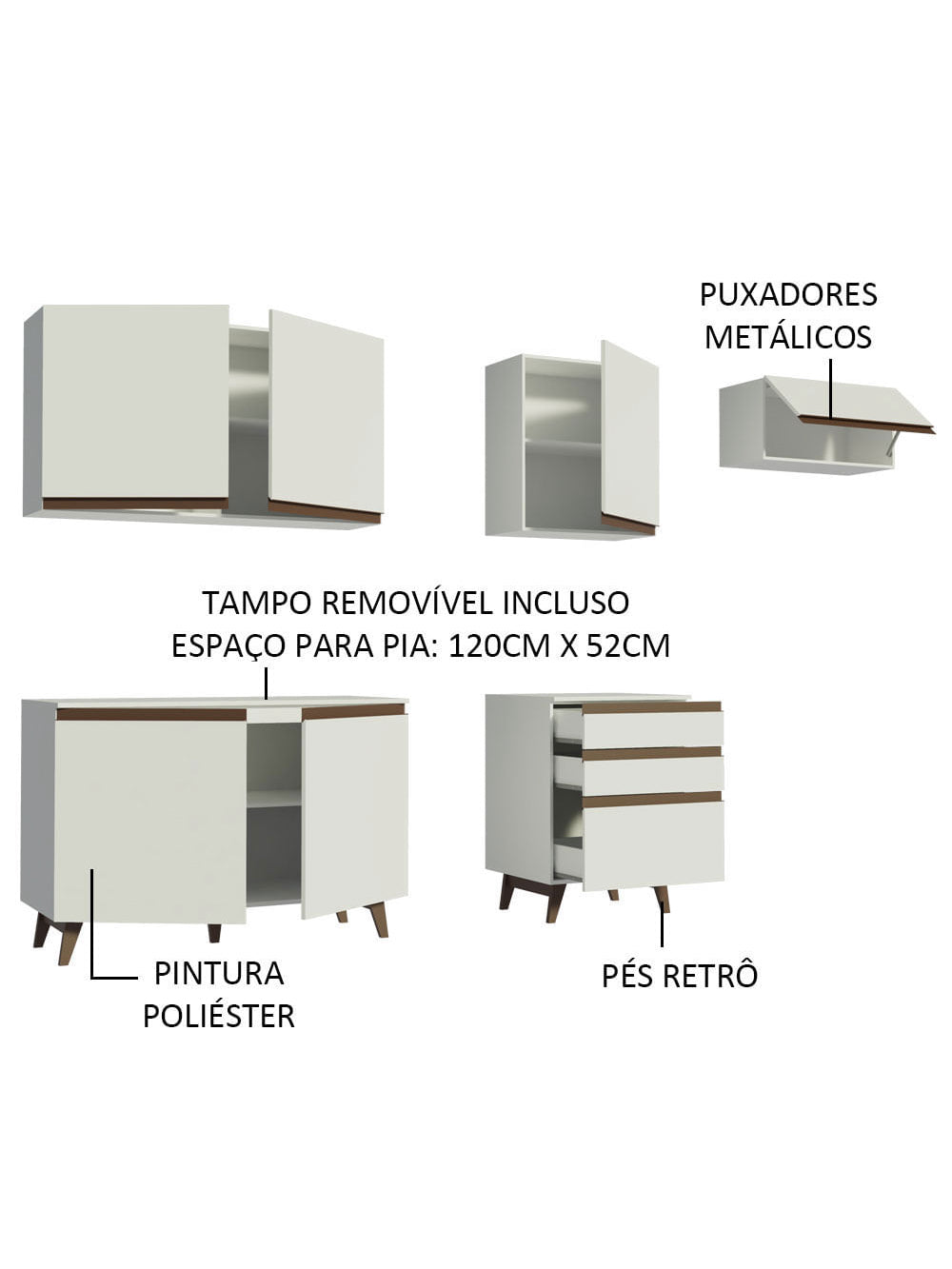 Armário de Cozinha Completa 250cm Branco Reims Madesa 02