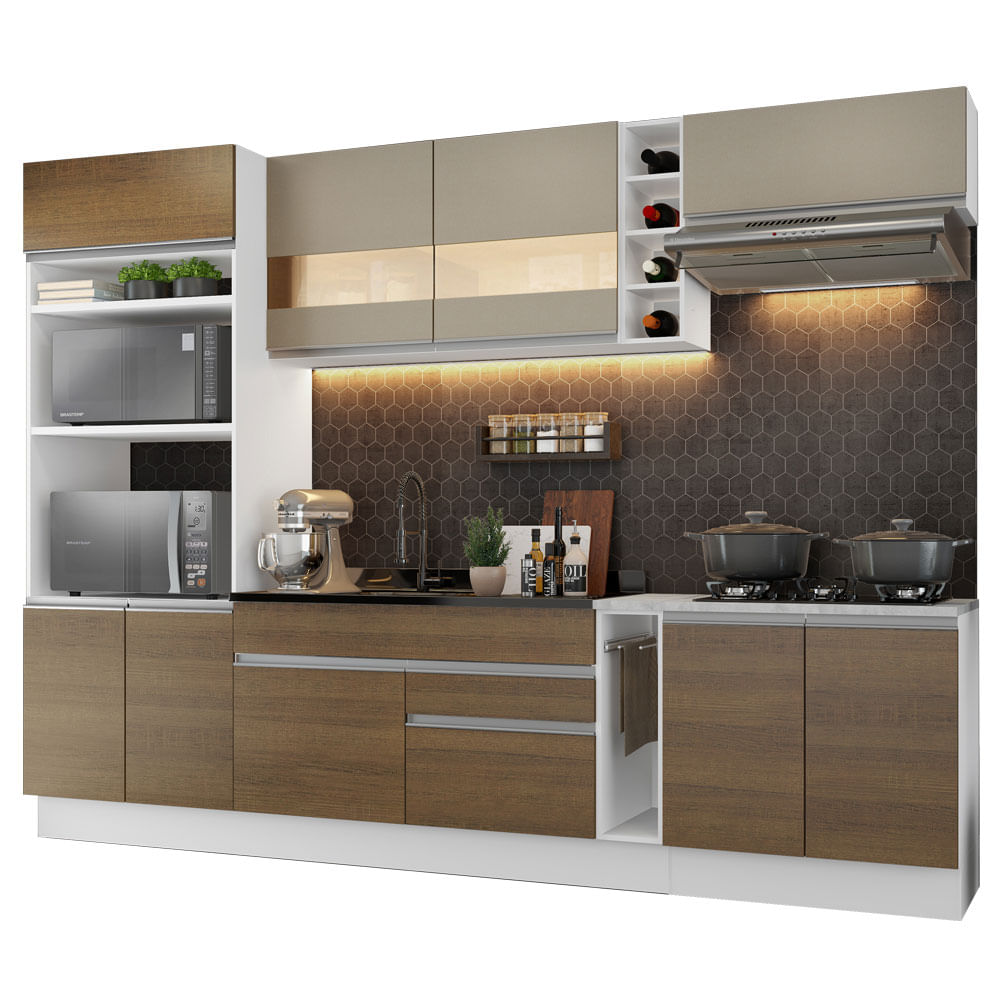 Armário de Cozinha Completa 290cm Branco/Rustic/Crema Vicenza Madesa 01 - Branco/Rustic/Crema