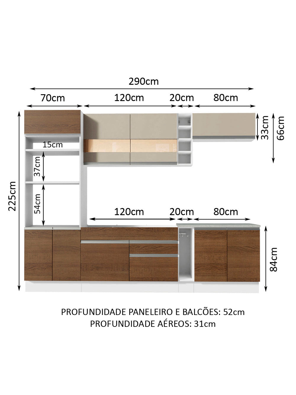 Armário de Cozinha Completa 290cm Branco/Rustic/Crema Vicenza Madesa 01