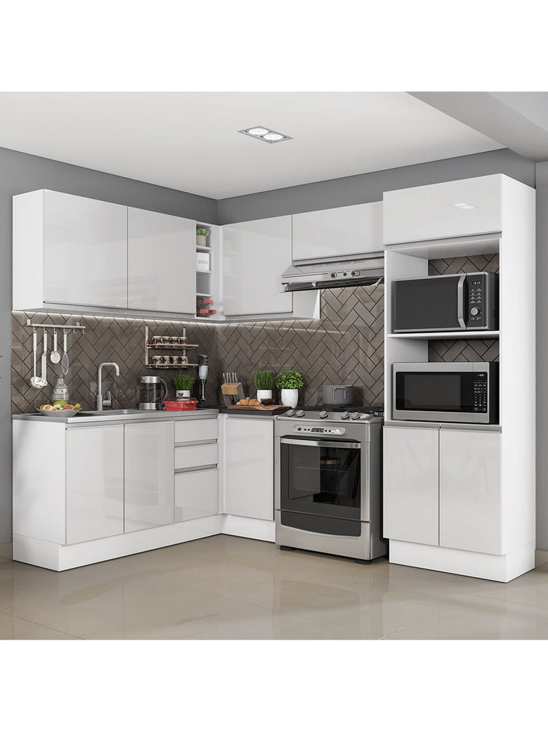 Armário de Cozinha Completa de Canto 100% MDF 419cm Frentes Branco Brilho Acordes Madesa 01
