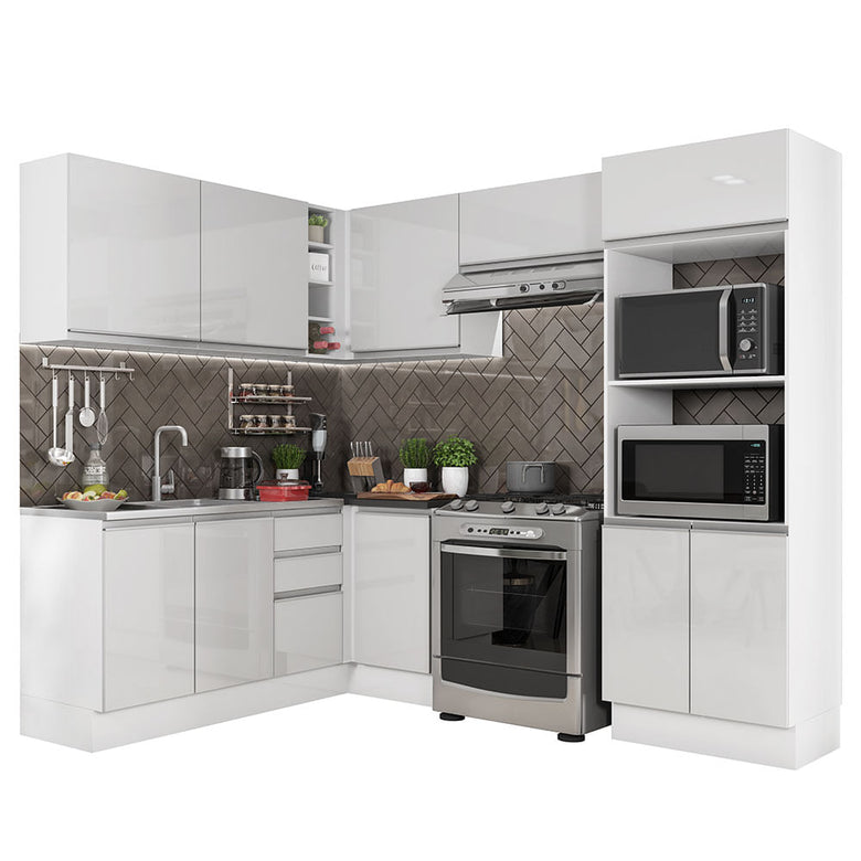Armário de Cozinha Completa de Canto 100% MDF 419cm Frentes Branco Brilho Acordes Madesa 01