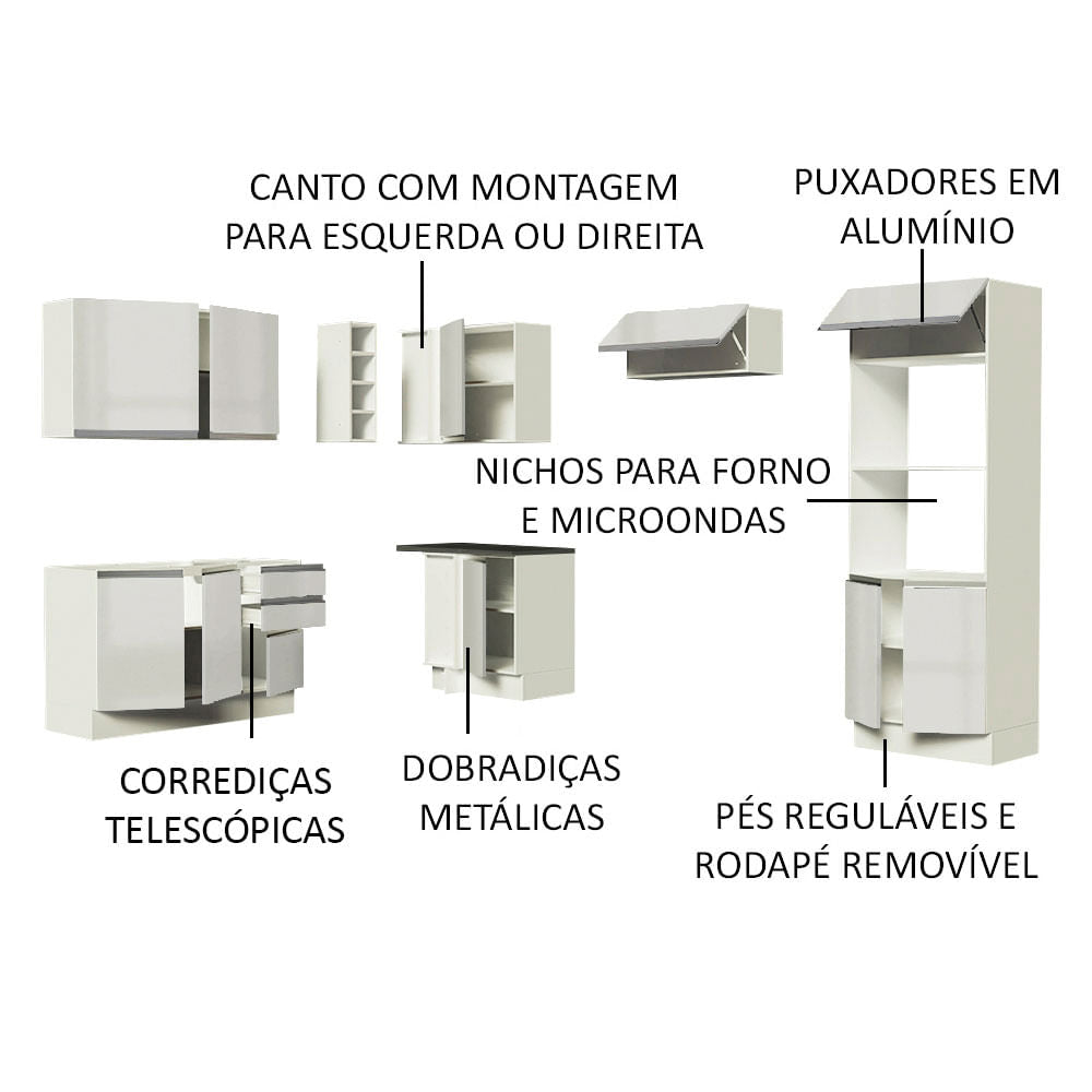 Armário de Cozinha Completa de Canto 100% MDF 419cm Frentes Branco Brilho Acordes Madesa 01