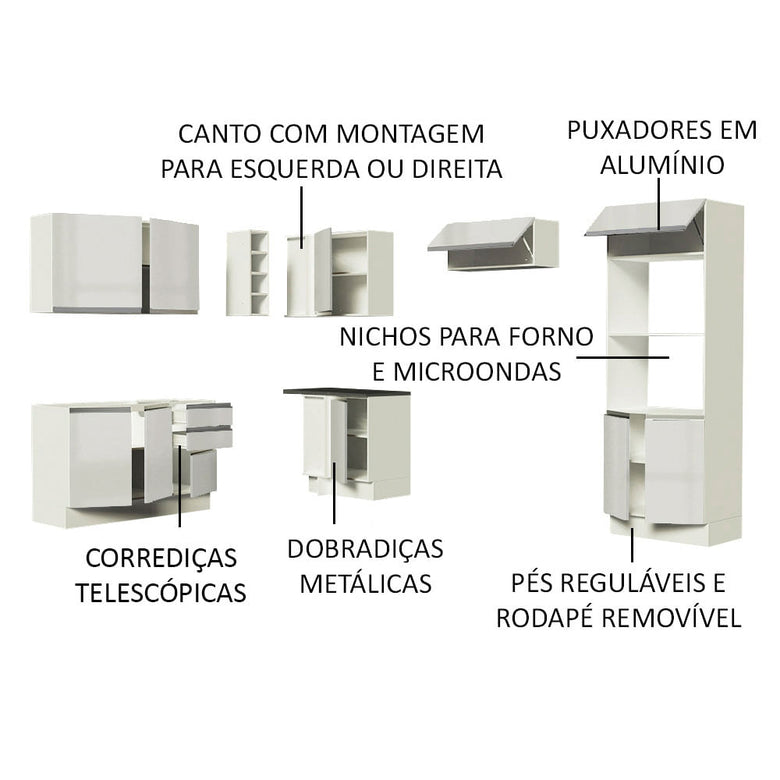 Armário de Cozinha Completa de Canto 100% MDF 419cm Frentes Branco Brilho Acordes Madesa 01