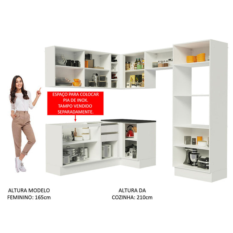Armário de Cozinha Completa de Canto 100% MDF 419cm Frentes Branco Brilho Acordes Madesa 01