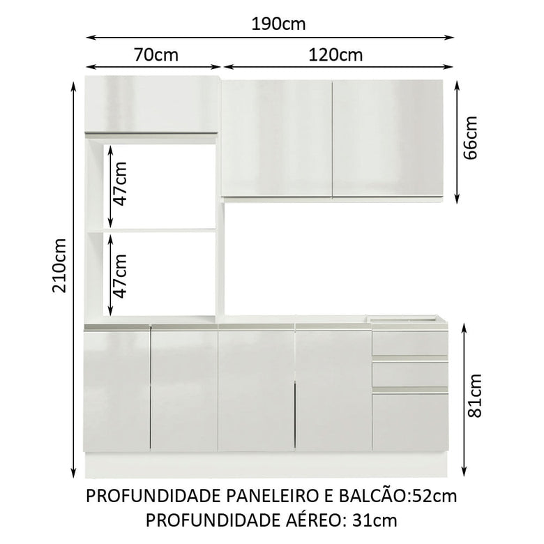 Armário de Cozinha Compacta 100% MDF 190cm Portas Branco Brilho Acordes Madesa 01
