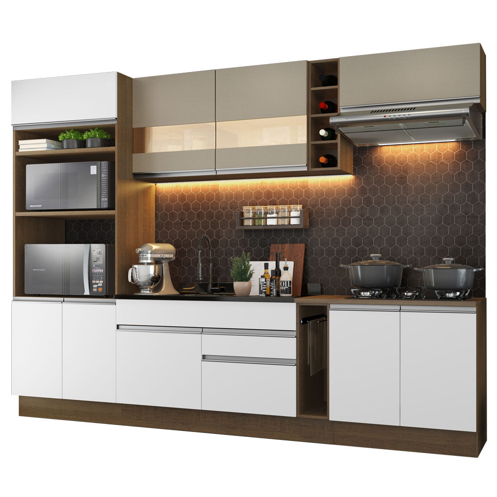 Armário de Cozinha Completa 290cm Rustic/Branco/Crema Vicenza Madesa - Rustic/Branco/Bronze