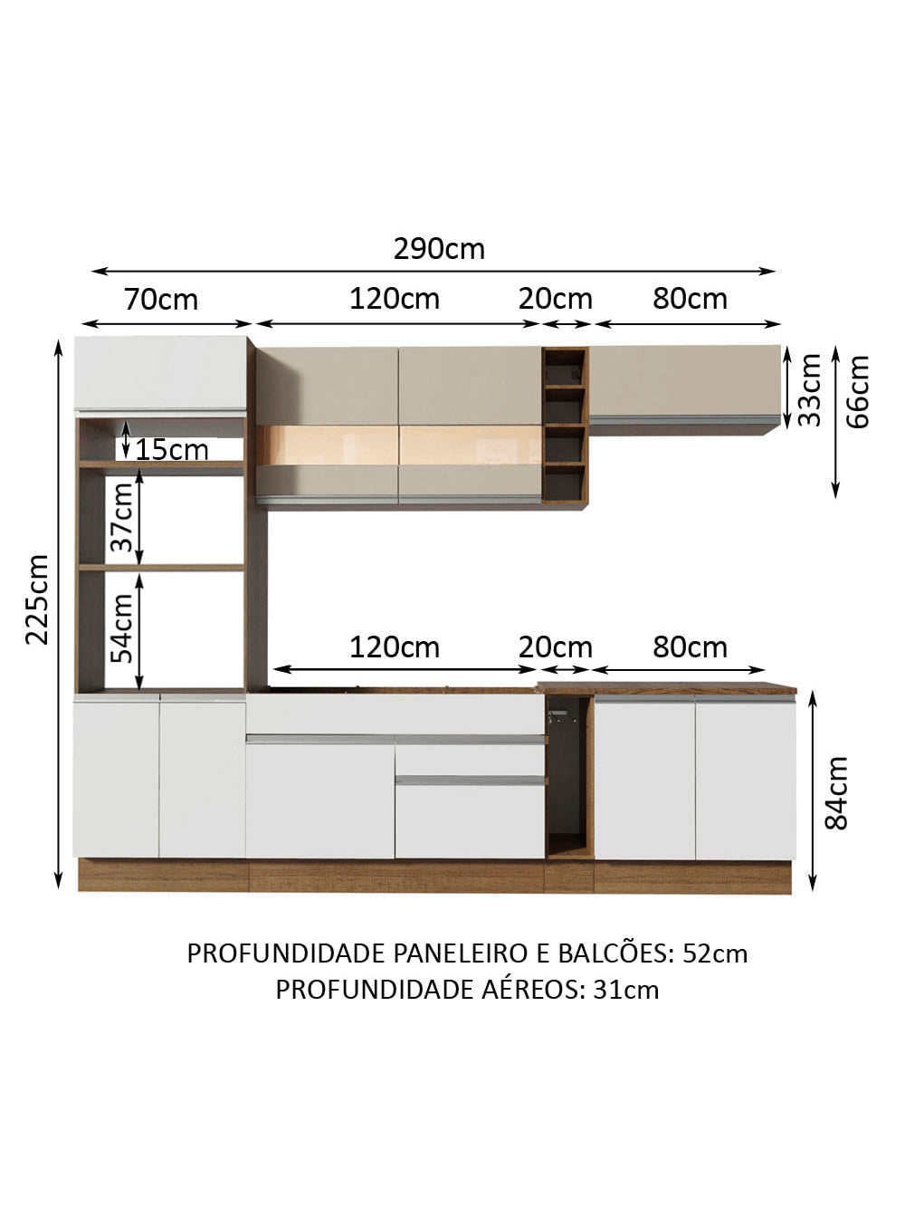 Armário de Cozinha Completa 290cm Rustic/Branco/Crema Vicenza Madesa
