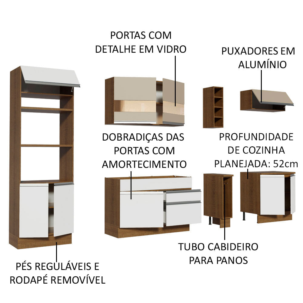 Armário de Cozinha Completa 290cm Rustic/Branco/Crema Vicenza Madesa