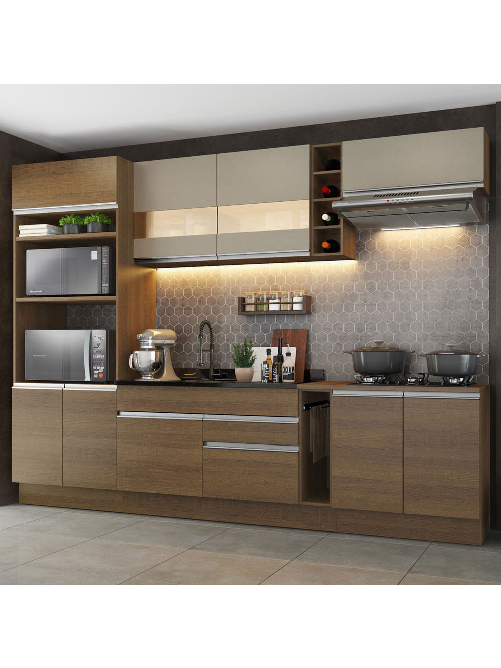 Armário de Cozinha Completa 290cm Rustic/Crema Vicenza Madesa - Rustic/Bronze