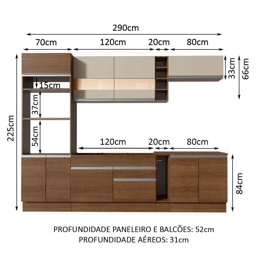 Armário de Cozinha Completa 290cm Rustic/Crema Vicenza Madesa
