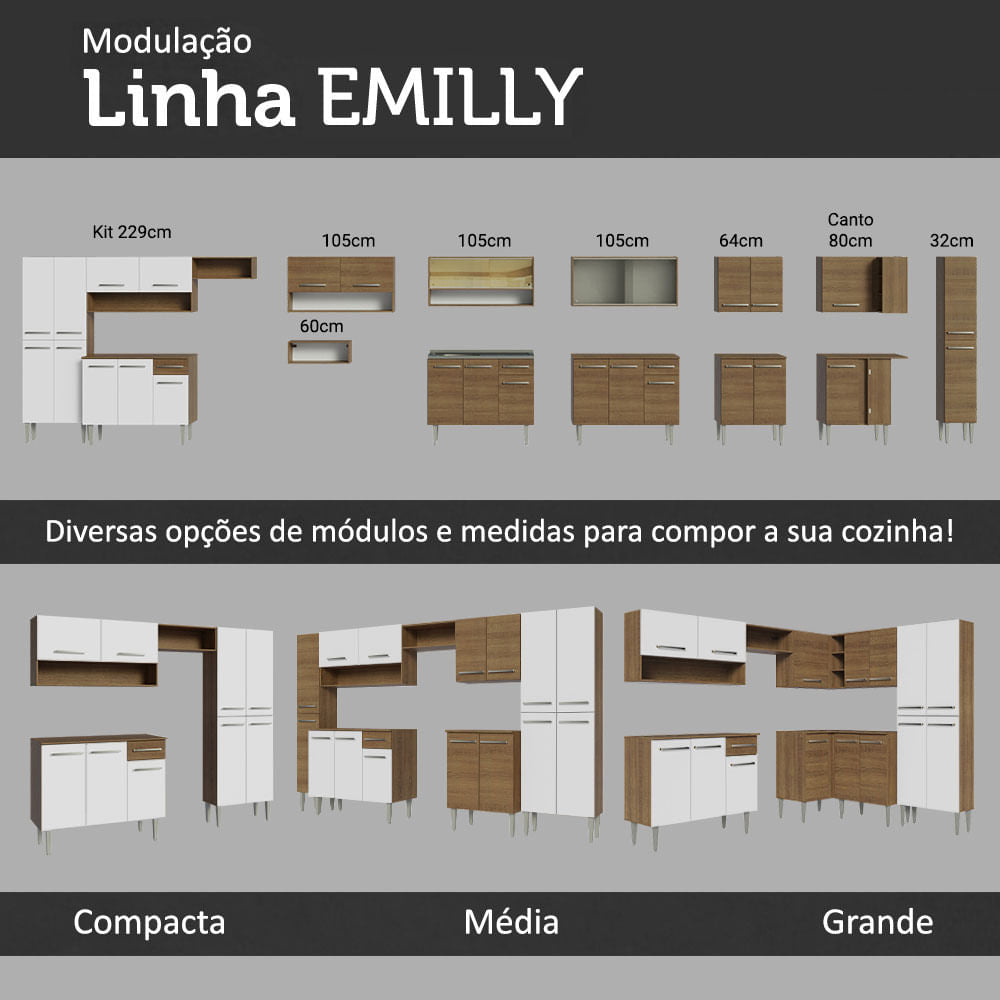 Armário de Cozinha Completa 261cm Rustic/Branco Emilly Hit Madesa