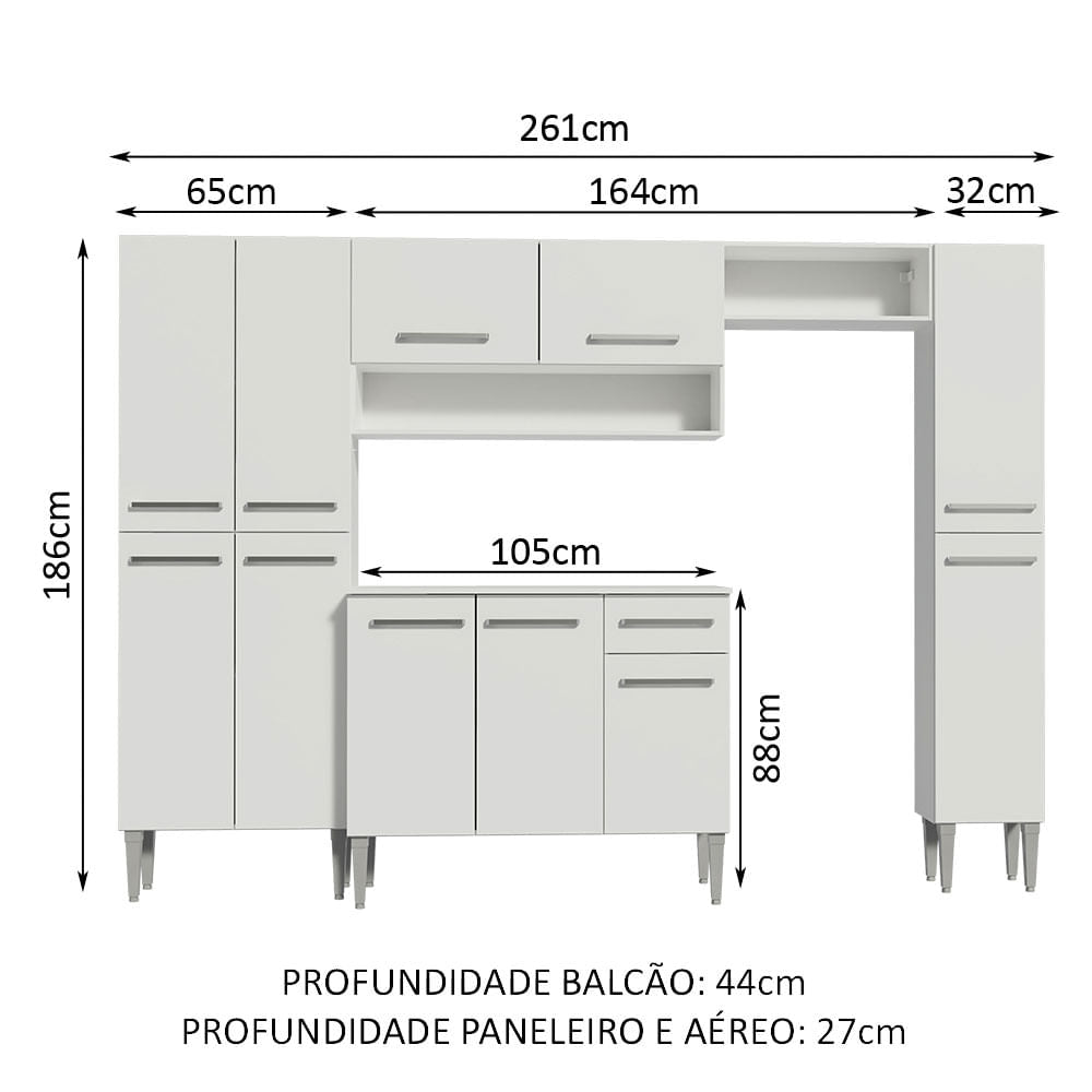 Armário de Cozinha Completa 261cm Branco Emilly Hit Madesa
