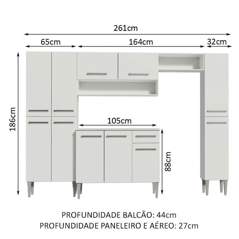 Armário de Cozinha Completa 261cm Branco Emilly Hit Madesa