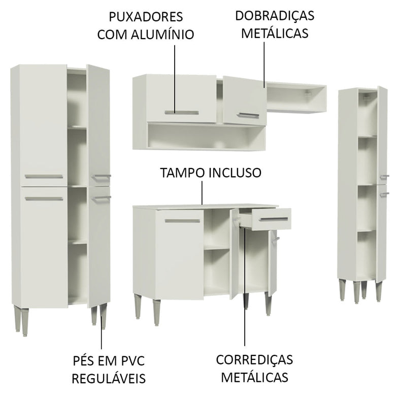 Armário de Cozinha Completa 261cm Branco Emilly Hit Madesa