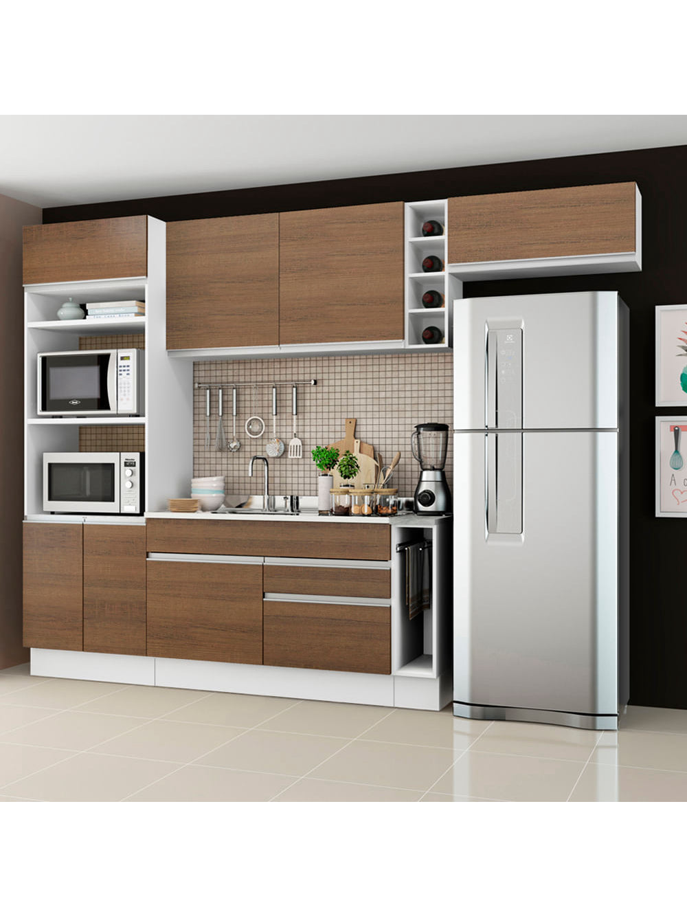 Armário de Cozinha Completa 290cm Branco/Rustic Safira Madesa 04 - Branco/Rustic