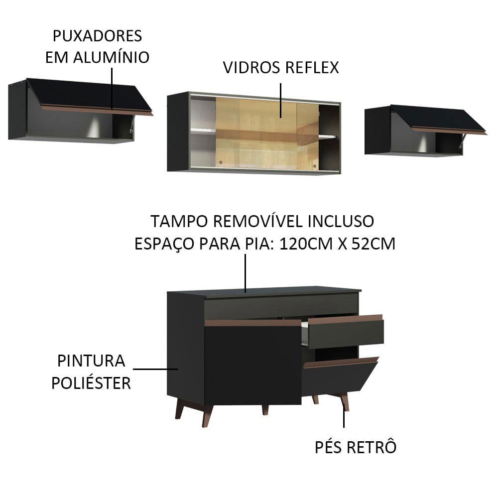 Armário de Cozinha Compacta Reims 260cm Preto Reims Madesa 03
