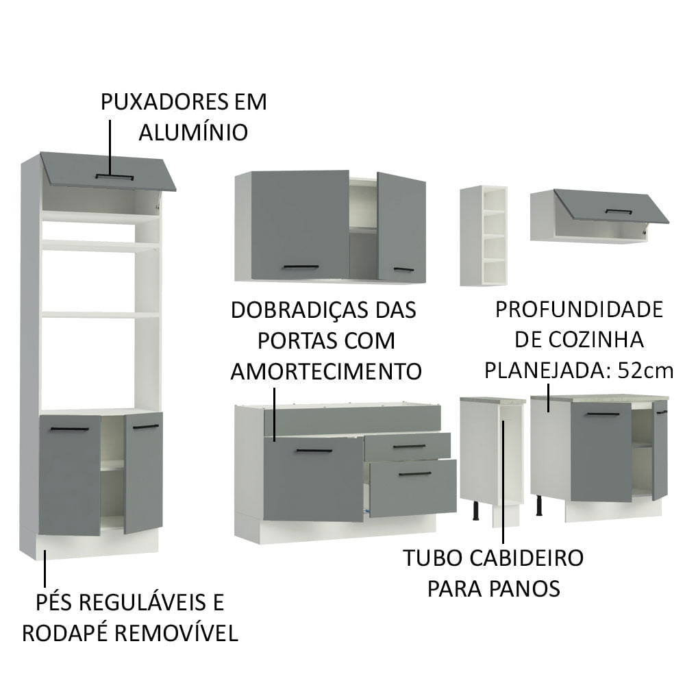 Armário de Cozinha Completa 290cm Branco/Cinza Agata Madesa 02