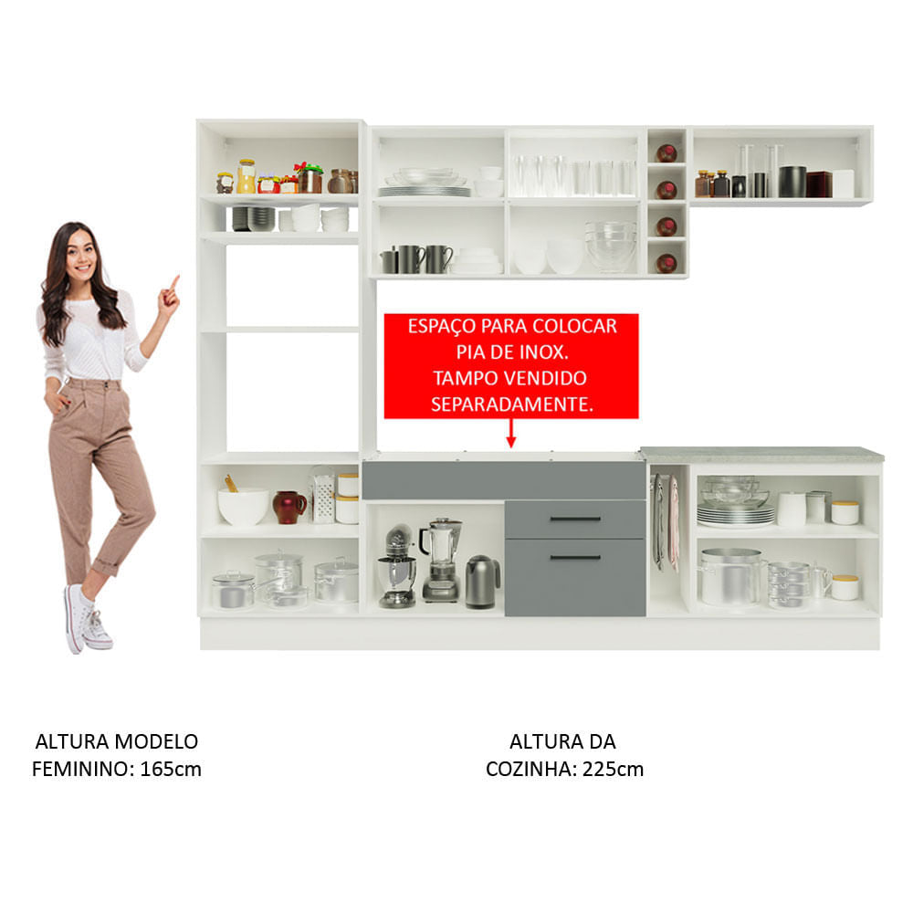 Armário de Cozinha Completa 290cm Branco/Cinza Agata Madesa 02
