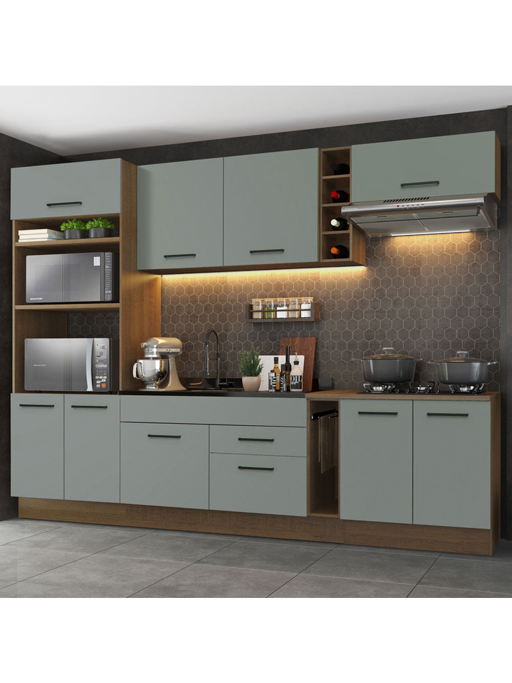 Armário de Cozinha Completa 290cm Rustic/Cinza Agata Madesa 01 - Rustic/Cinza