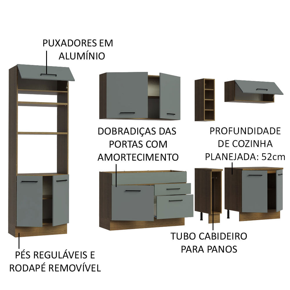 Armário de Cozinha Completa 290cm Rustic/Cinza Agata Madesa 01