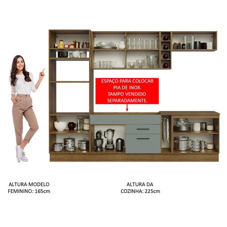 Armário de Cozinha Completa 290cm Rustic/Cinza Agata Madesa 01