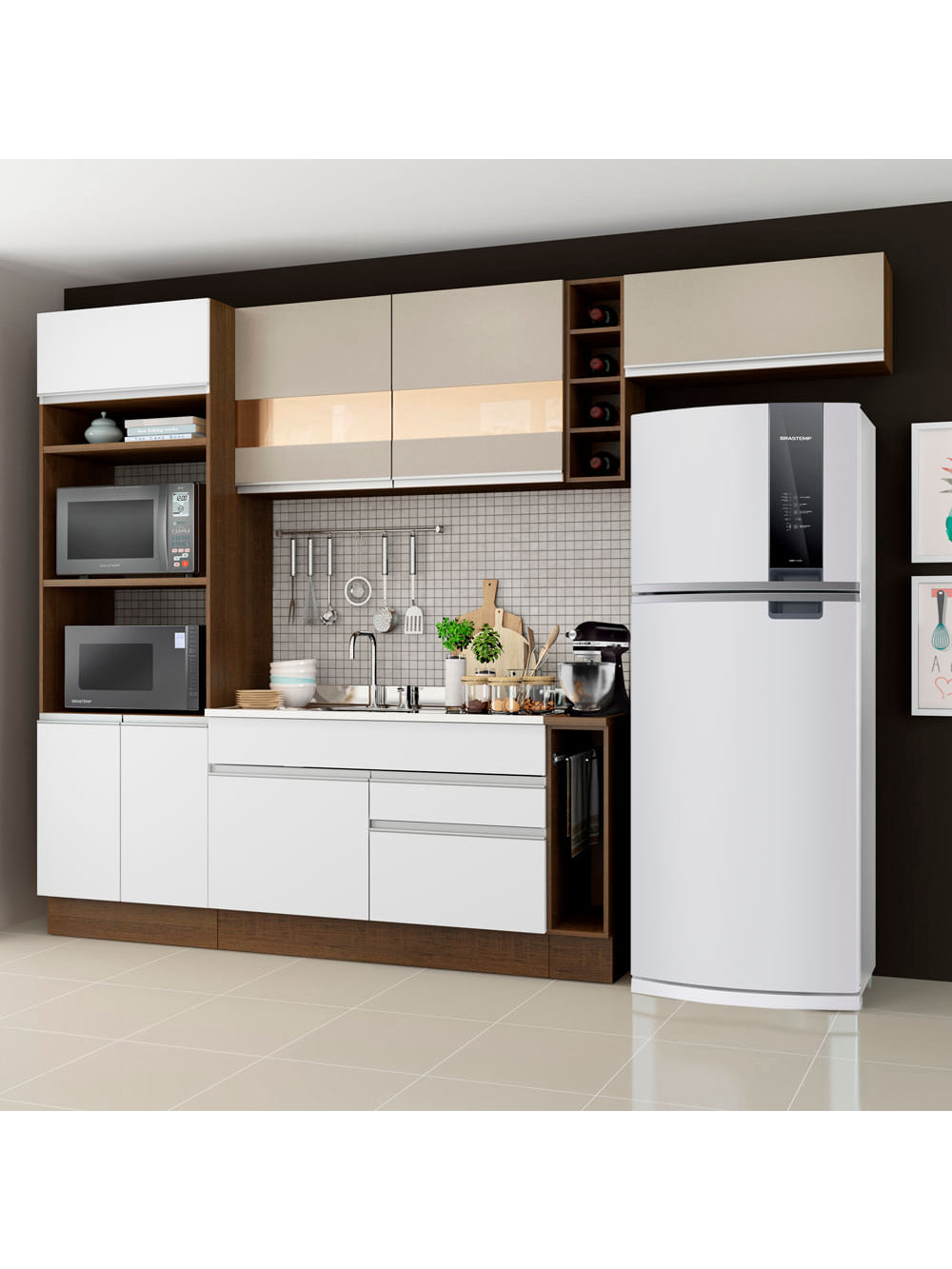 Armário de Cozinha Completa 290cm Branco/Crema Safira Madesa 03 - Branco/Crema