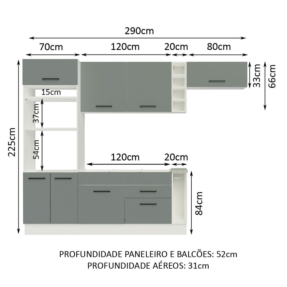 Armário de Cozinha Completa 290cm Branco/Cinza Agata Madesa 02