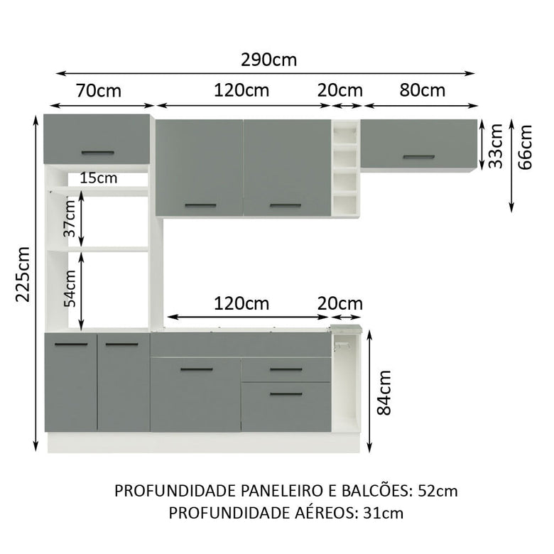 Armário de Cozinha Completa 290cm Branco/Cinza Agata Madesa 02