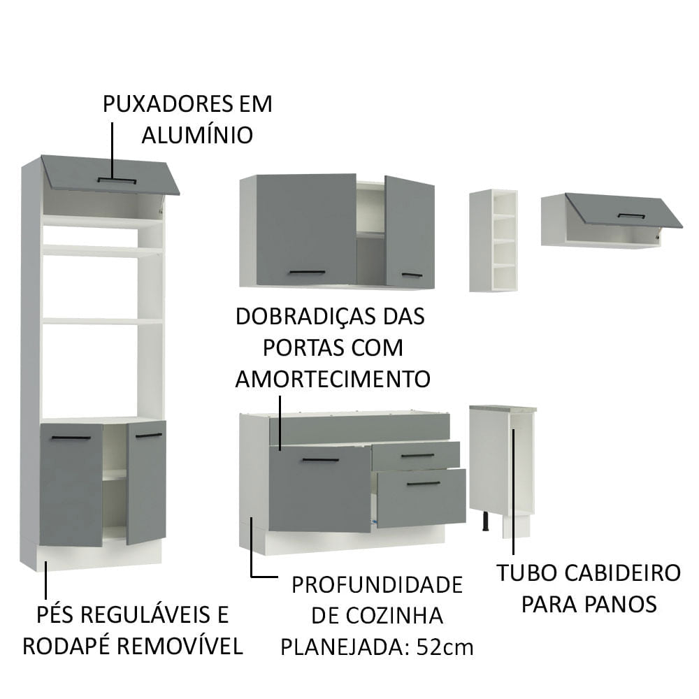 Armário de Cozinha Completa 290cm Branco/Cinza Agata Madesa 02