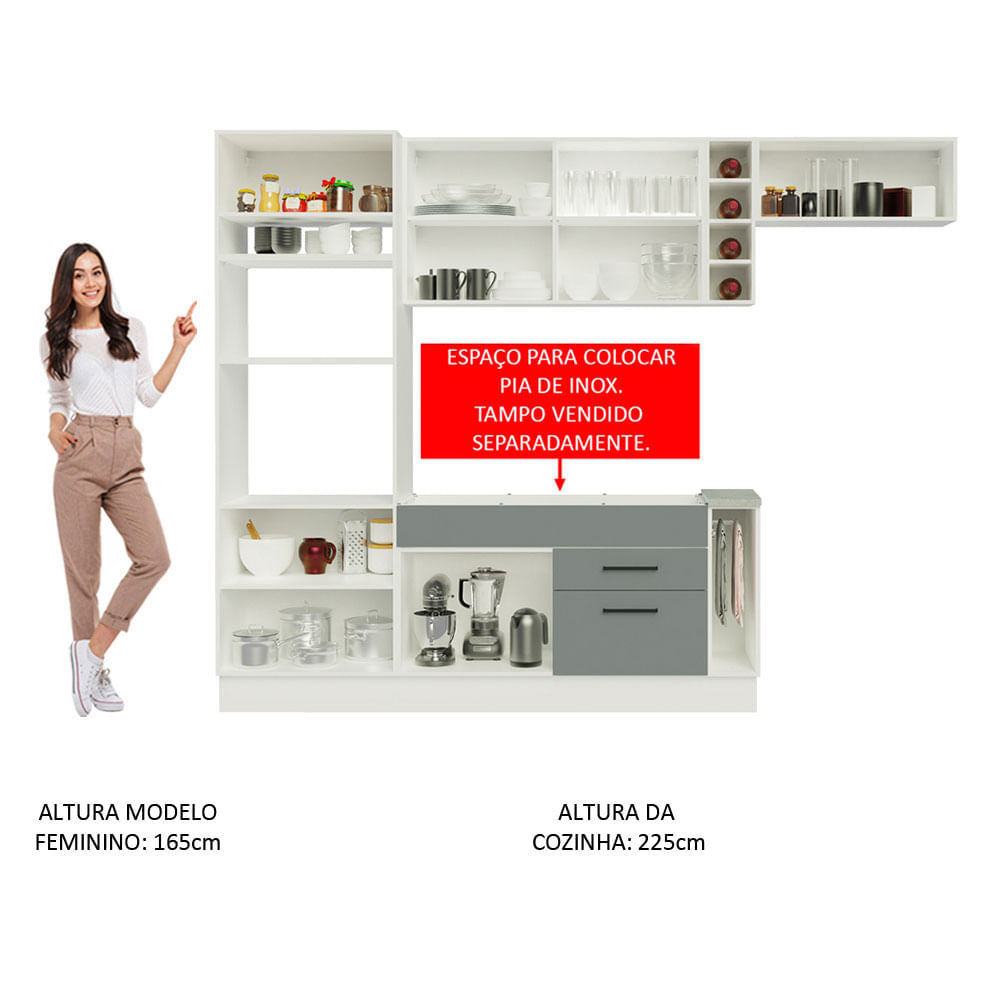 Armário de Cozinha Completa 290cm Branco/Cinza Agata Madesa 02