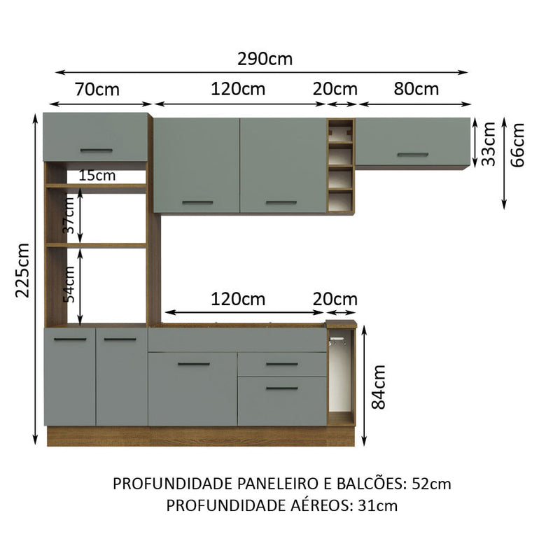 Armário de Cozinha Completa 290cm Rustic/Cinza Agata Madesa 02