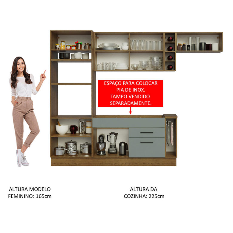 Armário de Cozinha Completa 290cm Rustic/Cinza Agata Madesa 02