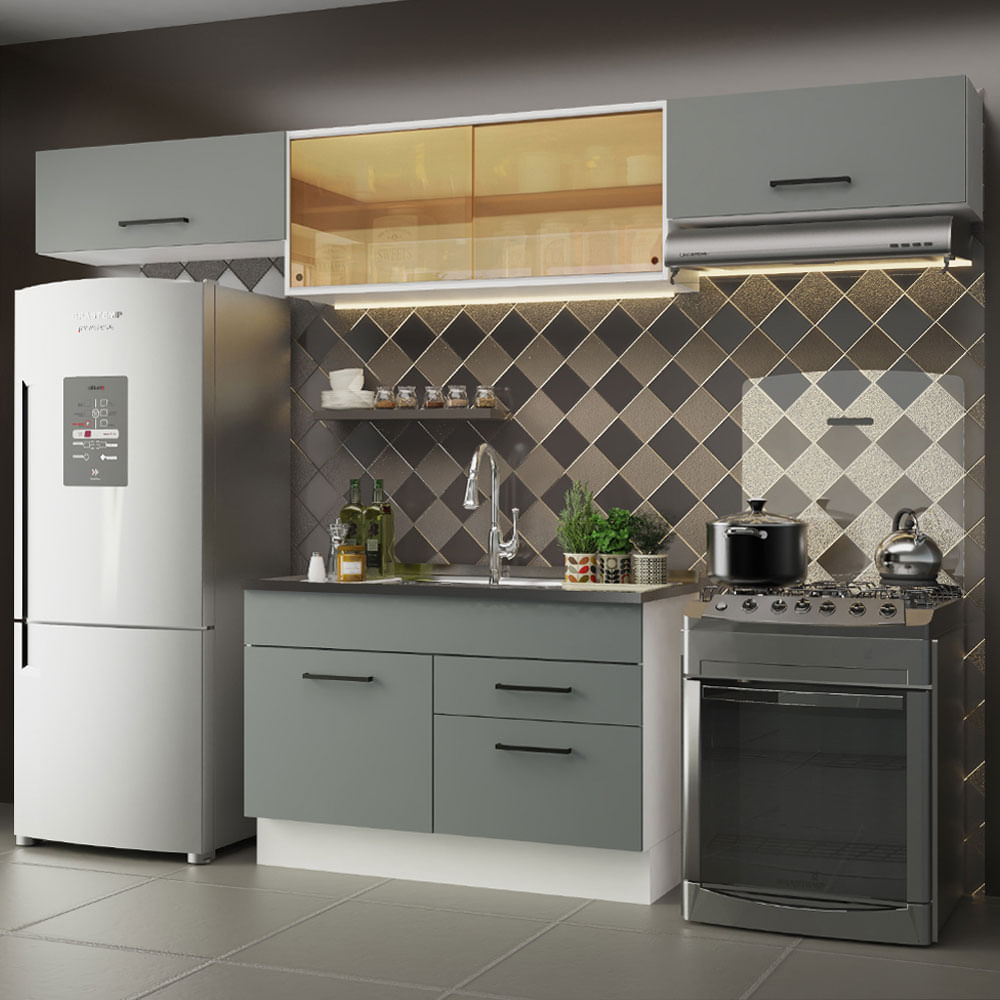 Armário de Cozinha Compacta 280cm Branco/Cinza Agata Madesa 01 - Branco/Cinza