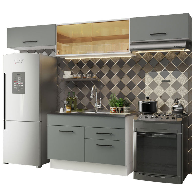Armário de Cozinha Compacta 280cm Branco/Cinza Agata Madesa 01