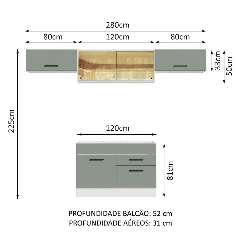 Armário de Cozinha Compacta 280cm Branco/Cinza Agata Madesa 01