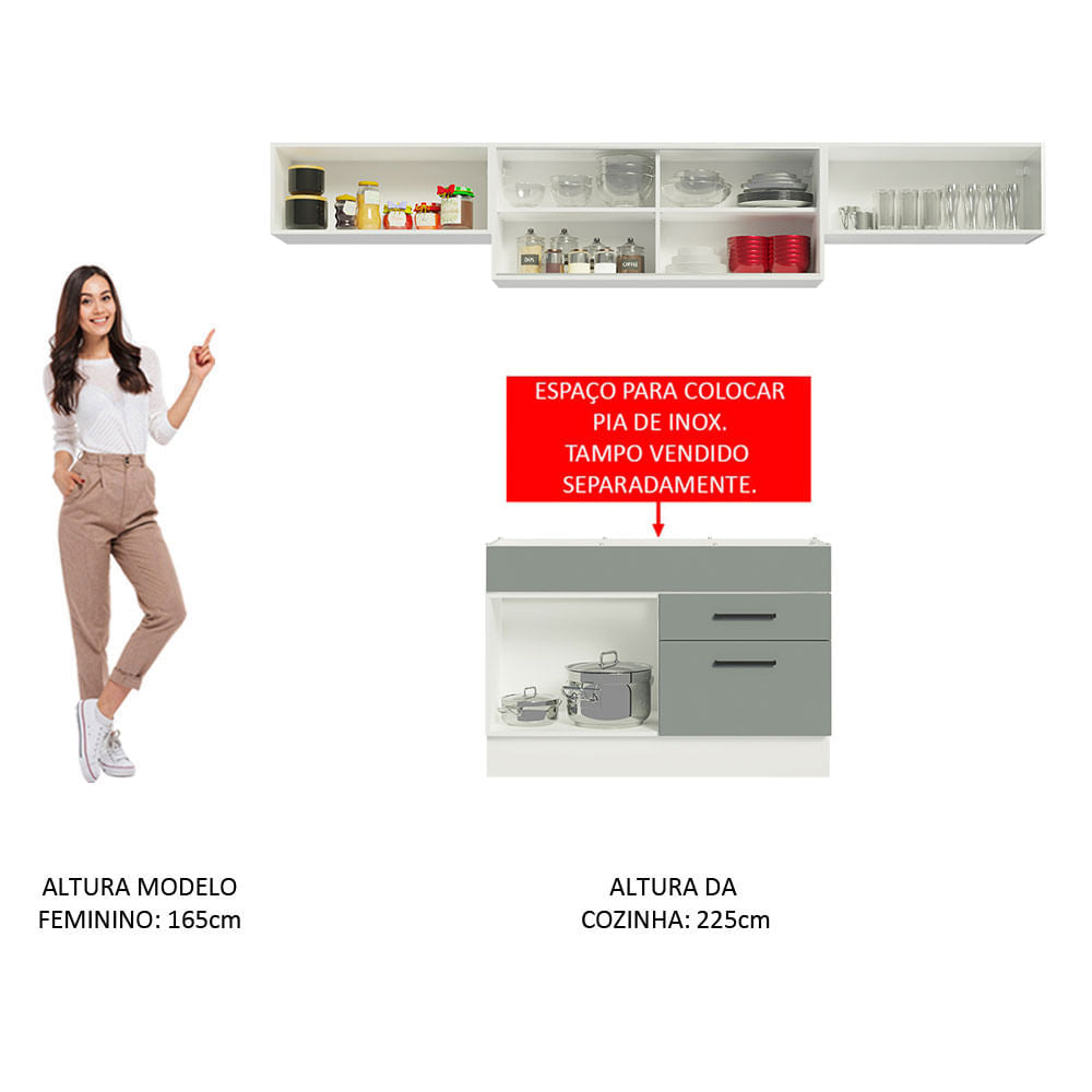 Armário de Cozinha Compacta 280cm Branco/Cinza Agata Madesa 01