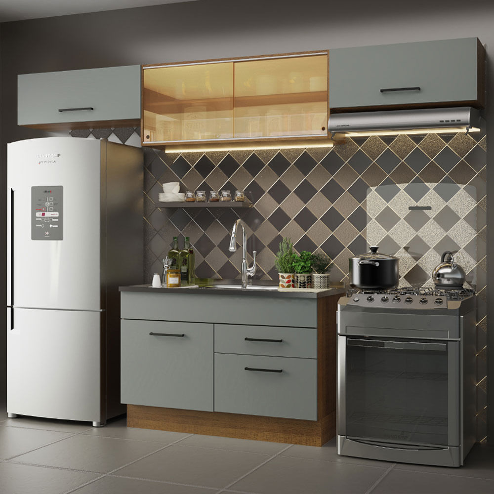 Armário de Cozinha Compacta 280cm Rustic/Cinza Agata Madesa 01 - Rustic/Cinza