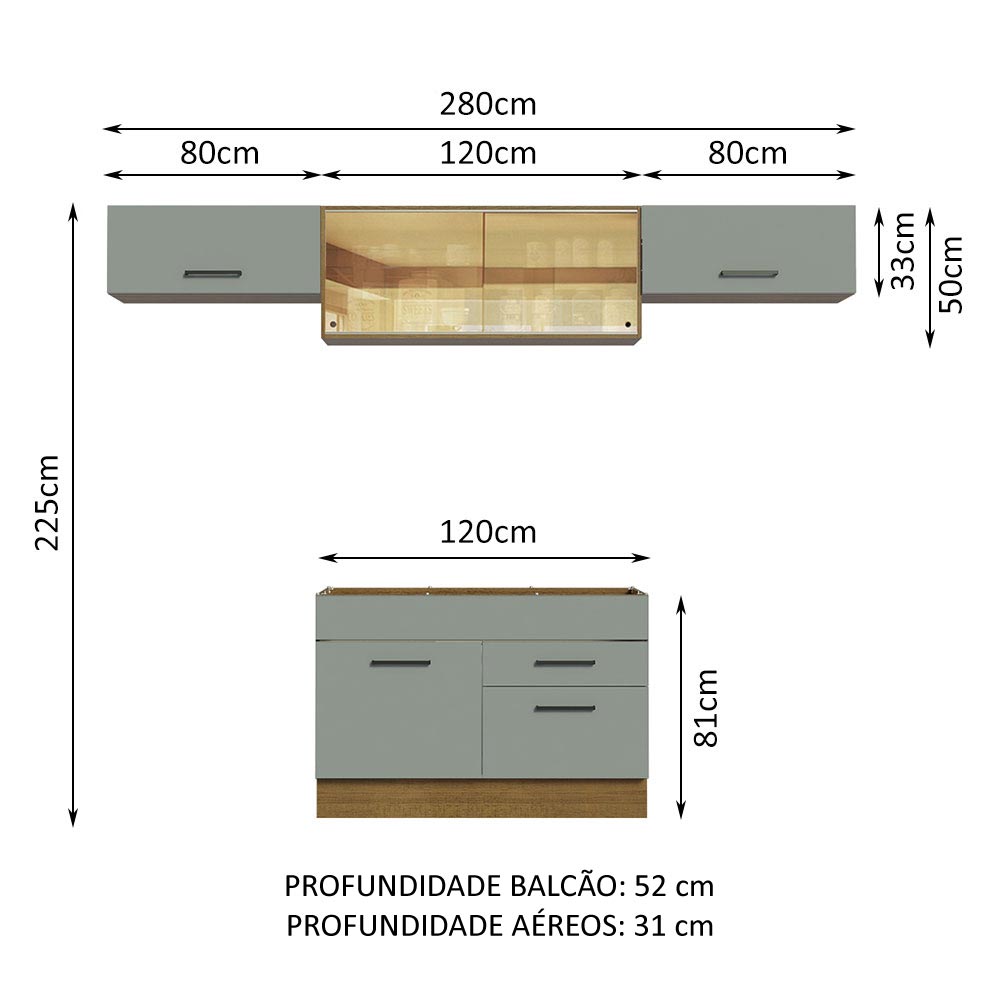 Armário de Cozinha Compacta 280cm Rustic/Cinza Agata Madesa 01