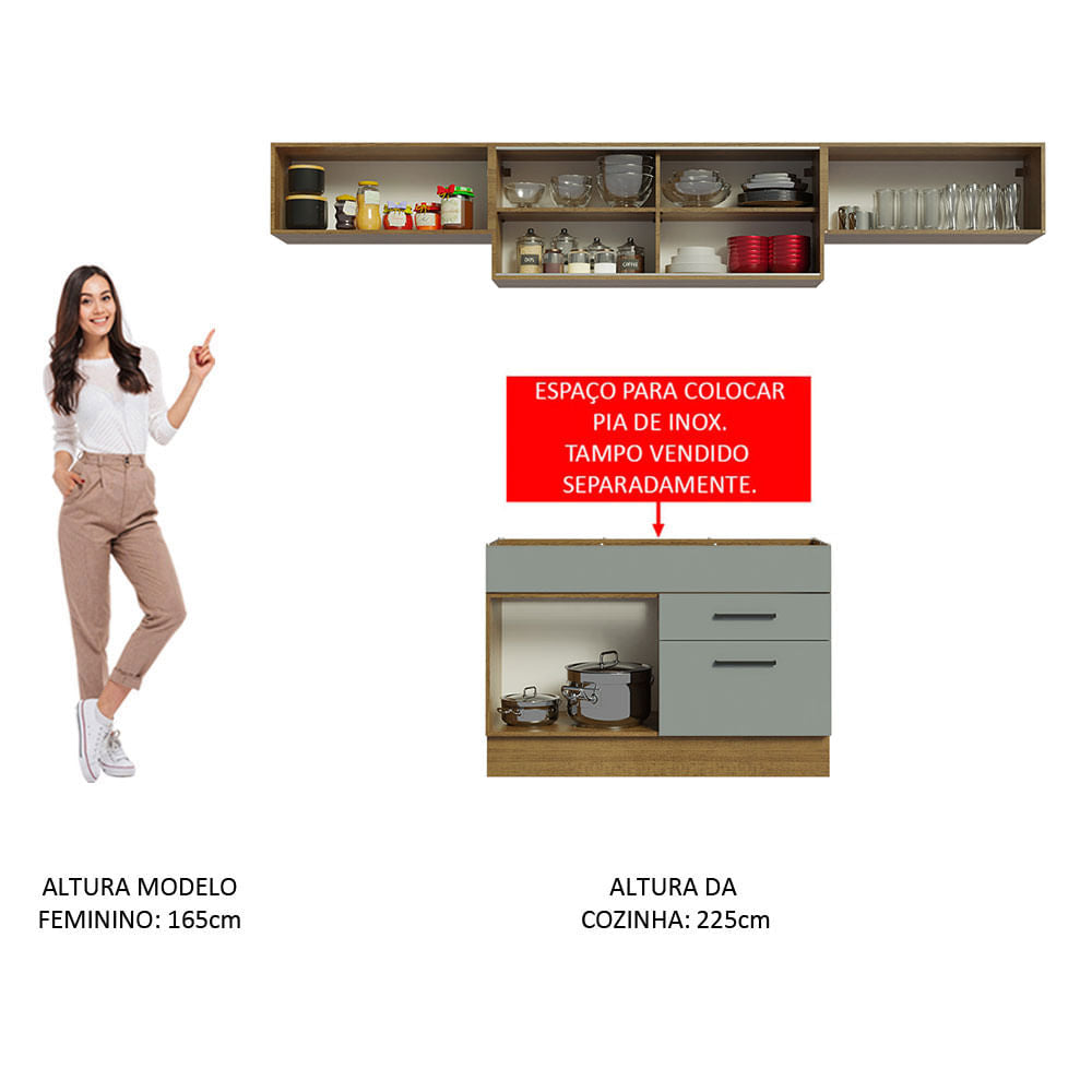 Armário de Cozinha Compacta 280cm Rustic/Cinza Agata Madesa 01