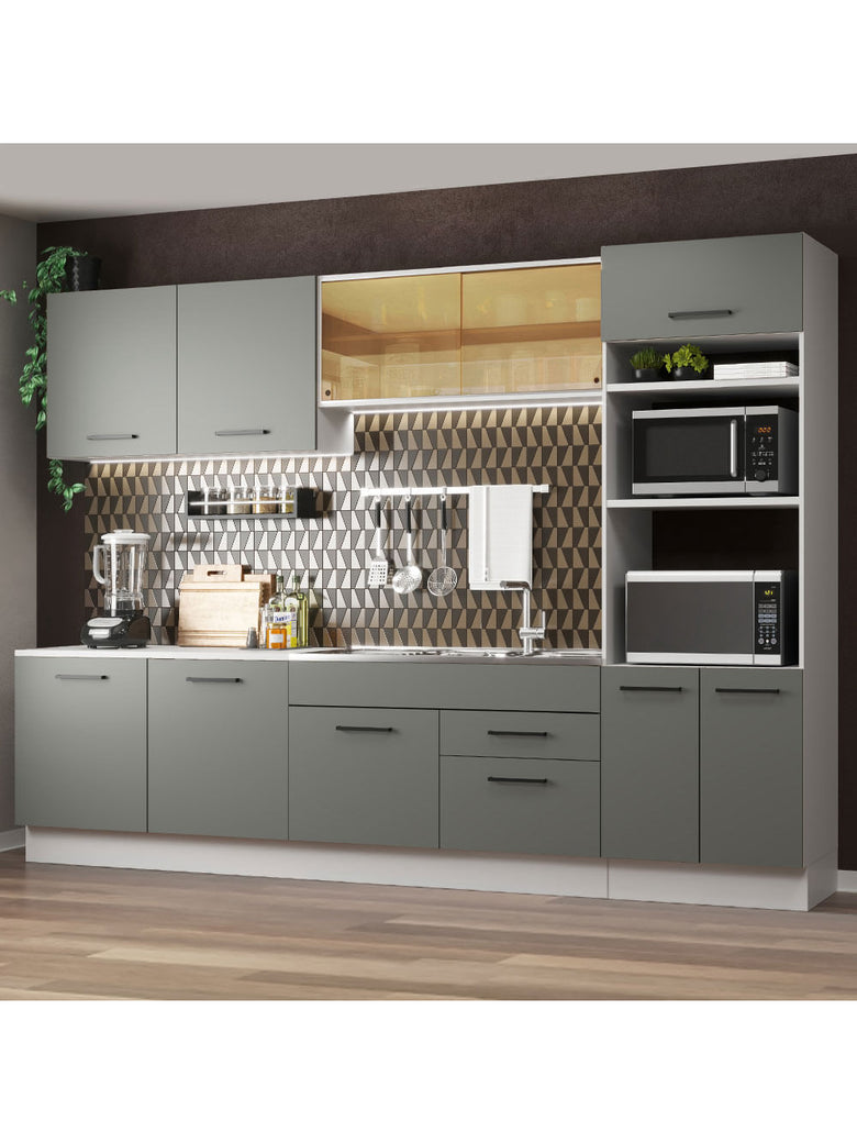 Armário de Cozinha Completa 310cm Branco/Cinza Agata Madesa 01
