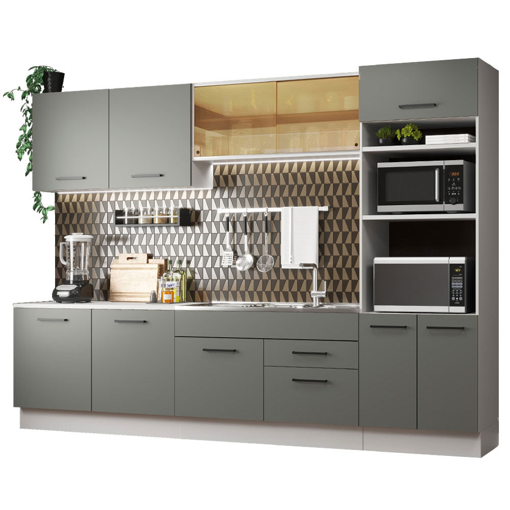 Armário de Cozinha Completa 310cm Branco/Cinza Agata Madesa 01 - Branco/Cinza