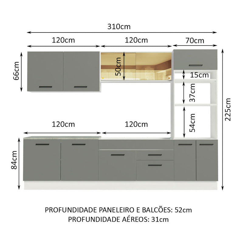 Armário de Cozinha Completa 310cm Branco/Cinza Agata Madesa 01
