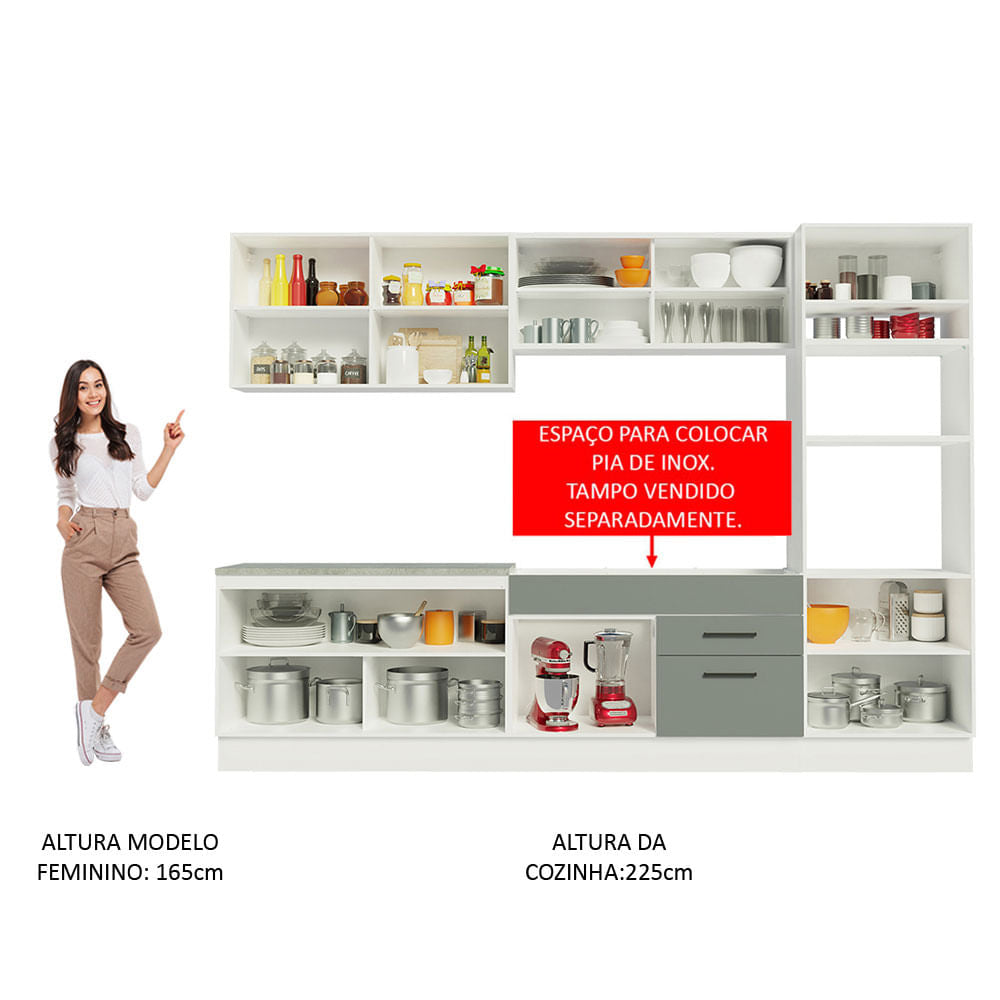 Armário de Cozinha Completa 310cm Branco/Cinza Agata Madesa 01