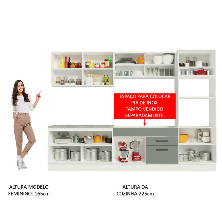 Armário de Cozinha Completa 310cm Branco/Cinza Agata Madesa 01