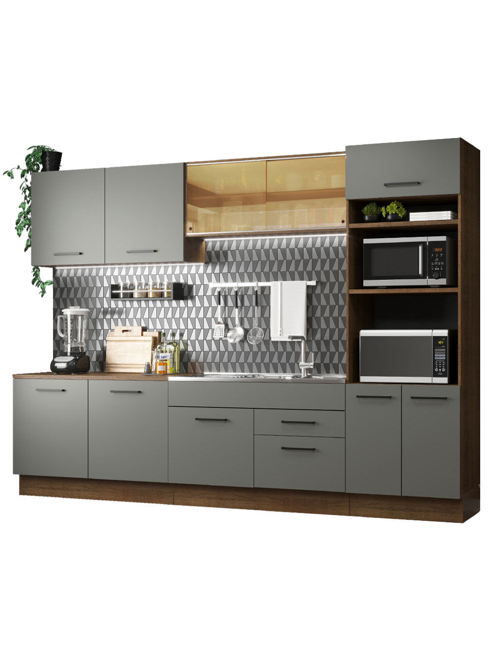 Armário de Cozinha Completa 310cm Rustic/Cinza Agata Madesa 01 - Rustic/Cinza